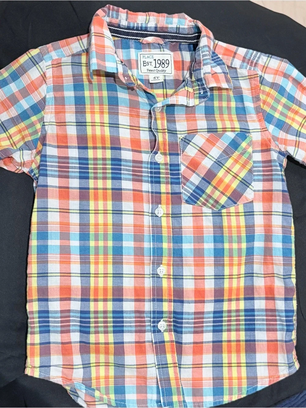 The Children's Place Short Sleeve Button-Down Shirt in Orange Blue Yellow Plaid